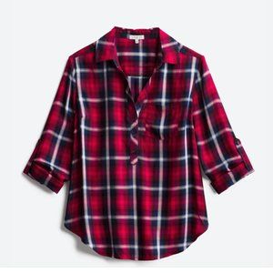 Lila Li Catena Henley red plaid button down shirt